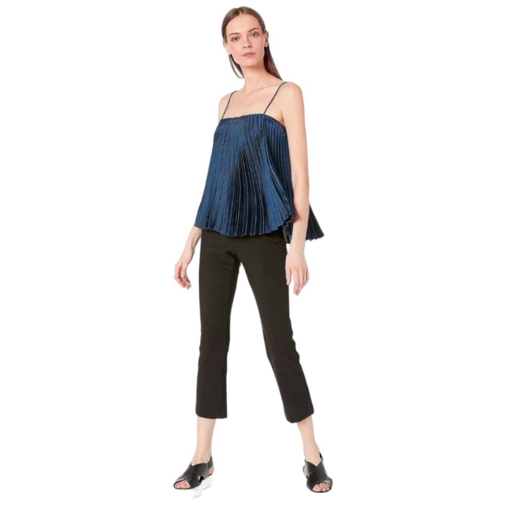 $228 Vince Accordion Pleat Cami Top XXSmall Navy Blue Spaghetti Straps High Low